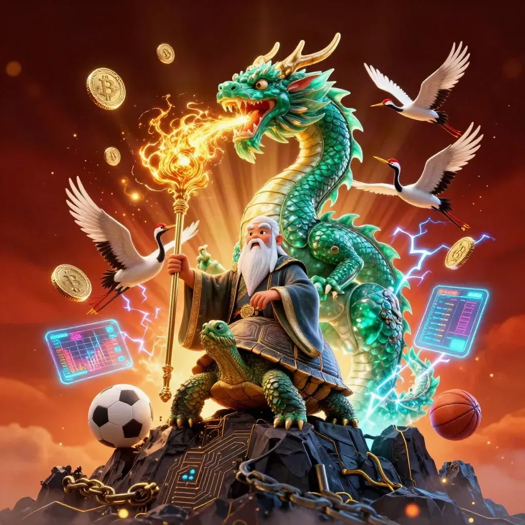 Jade dragon, turtle sage, and cranes amid neon coins, fire, and esports betting energy.