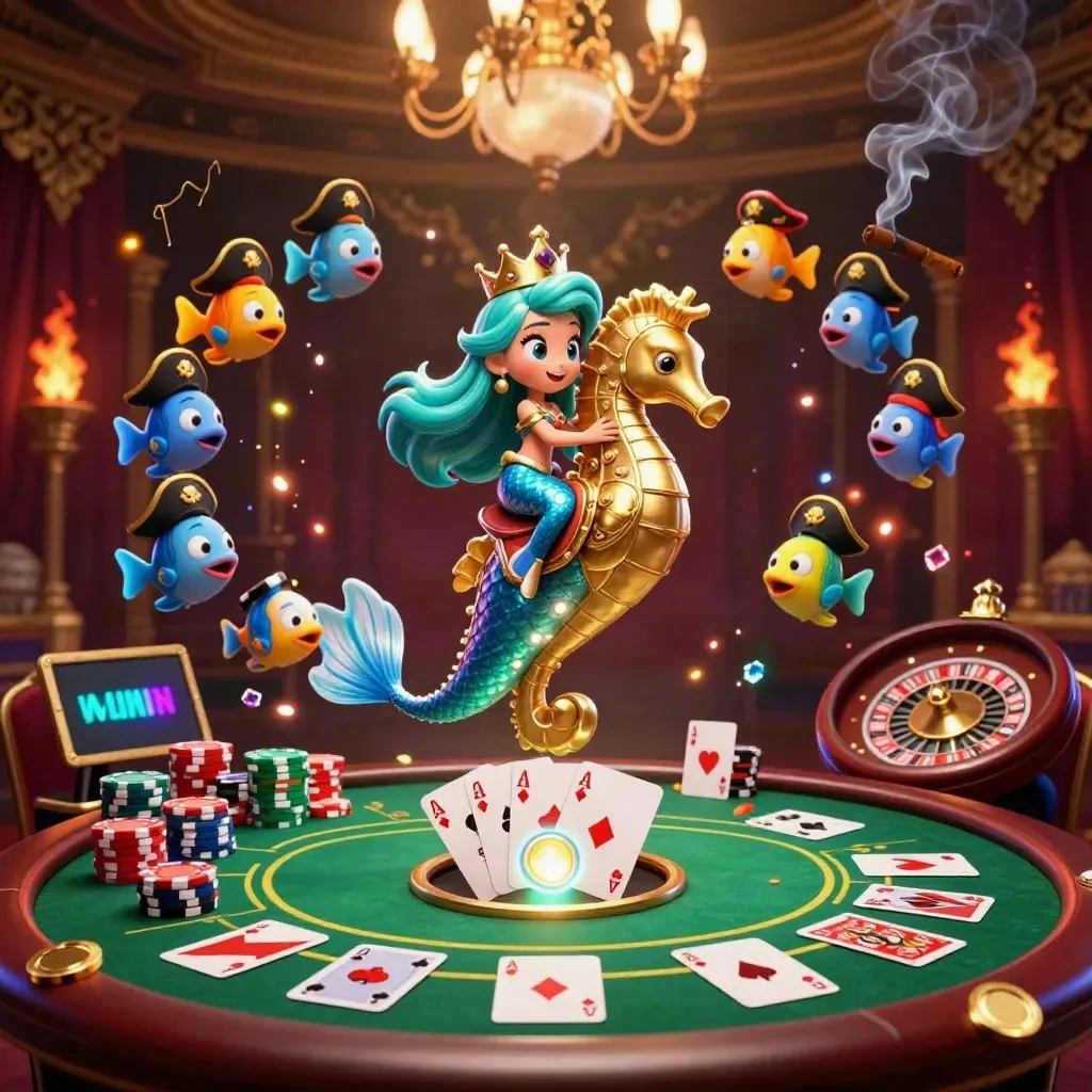 Mermaid princess on armored seahorse amid casino chips, cards, roulette glow, brass, and dark damask.