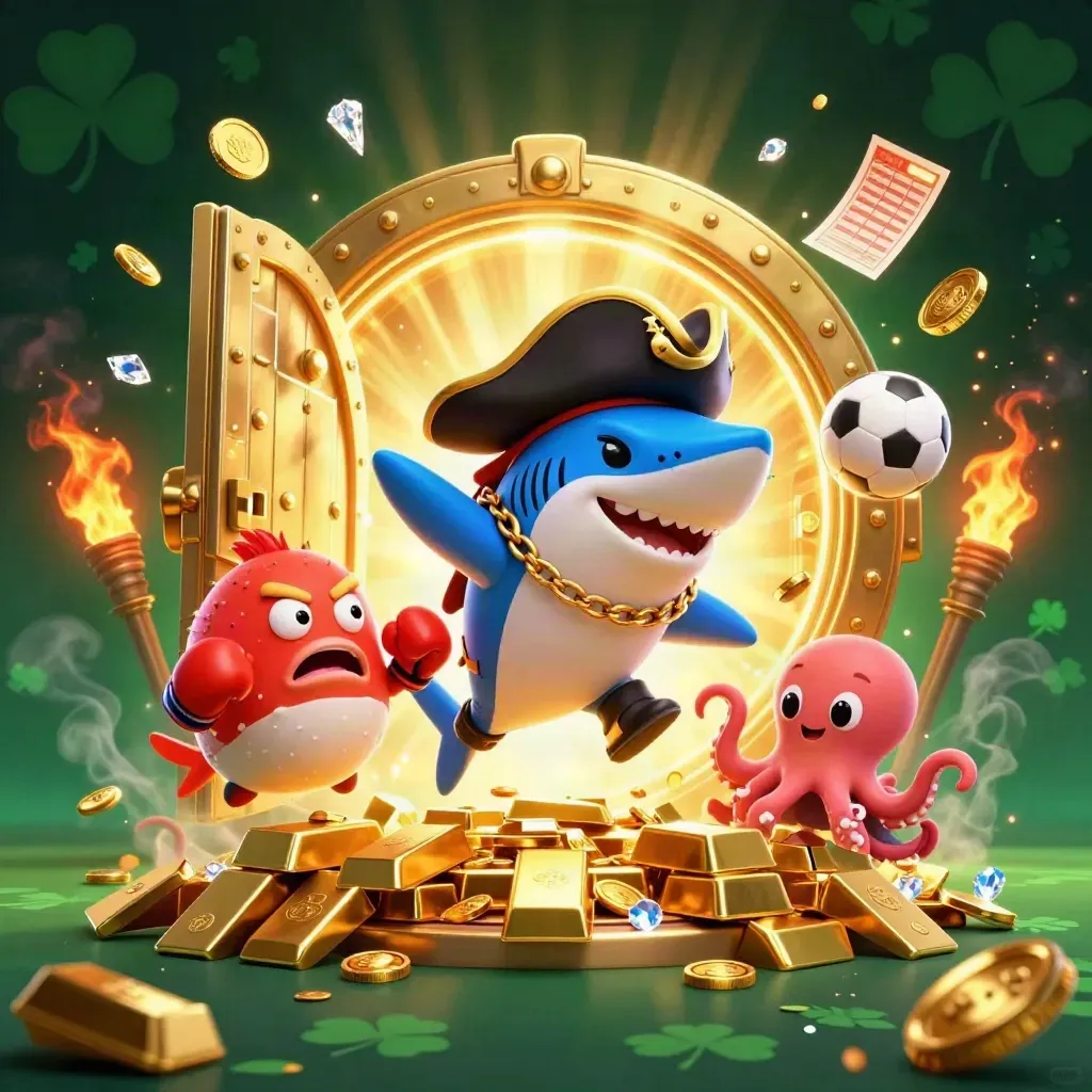 Pirate shark, boxing pufferfish, and juggling octopus in a gold vault explosion with casino props.