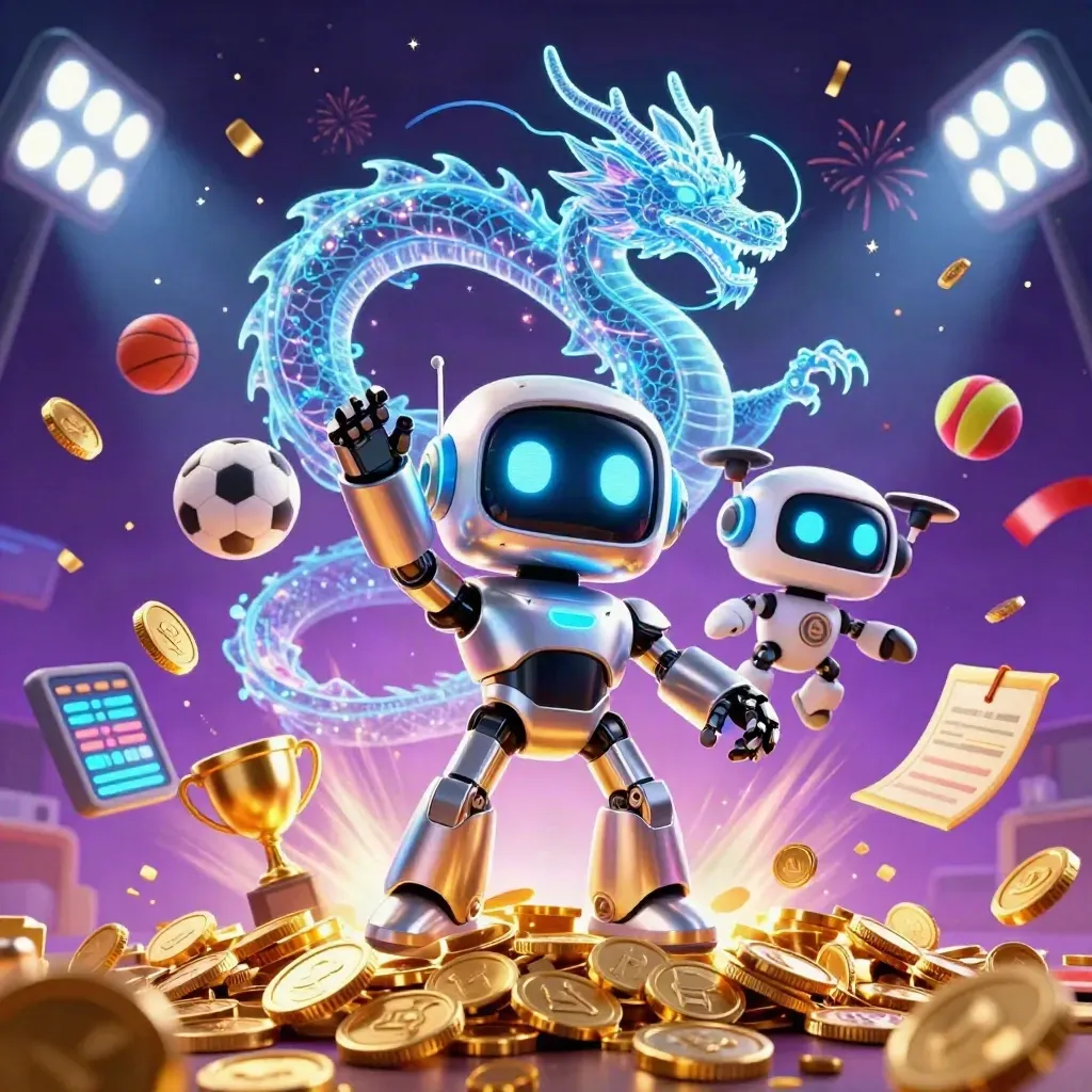 Cyberpunk robot, holographic dragon, and coin drone amid gold coins, sports balls, trophy, fireworks, and neon beams.