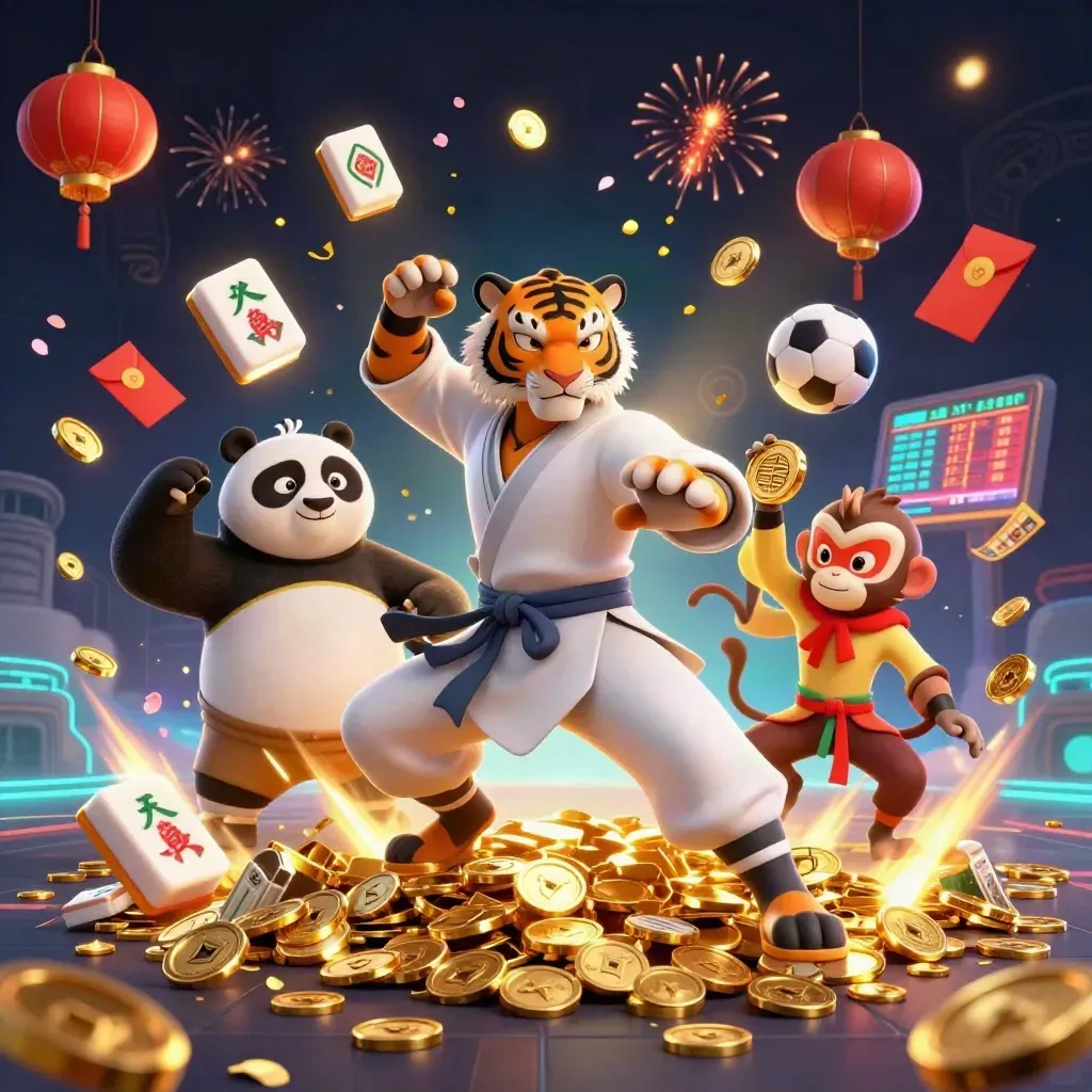 Tiger, panda, and monkey amid treasure coins, lanterns, fireworks, and neon casino energy.