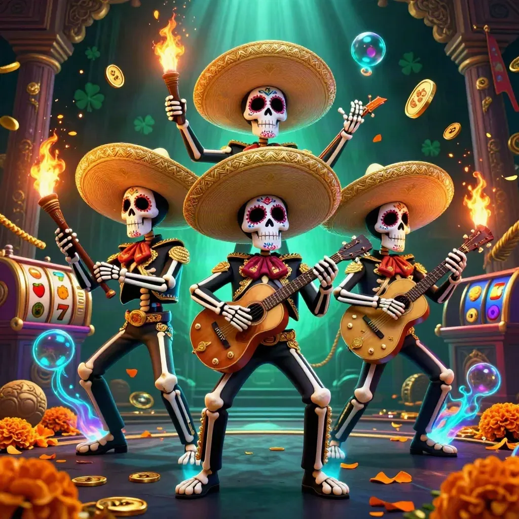 Three skeleton mariachi heroes amid neon casino relics, gold coins, reels, and a glowing temple gate